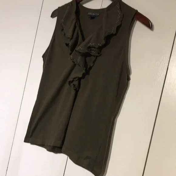 American Living Women's Olive Ruffle Neck Sleeveless Cotton Blouse Top Size L - Picture 10 of 16